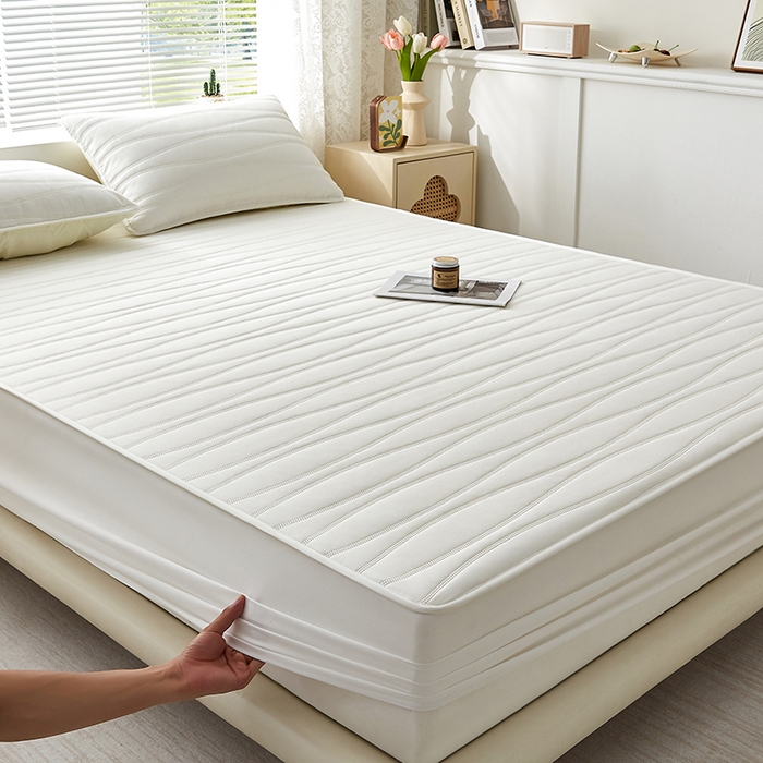 91家纺网 家纺一手货源 找家纺 盛眠家纺 2025新款A类水洗棉磨毛夹棉防水床笠 若水-白色