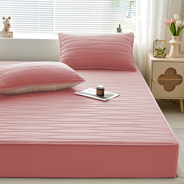 91家纺网 家纺一手货源 找家纺 盛眠家纺 2025新款A类水洗棉磨毛夹棉防水床笠 若水-粉红