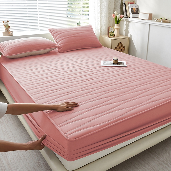 91家纺网 家纺一手货源 找家纺 盛眠家纺 2025新款A类水洗棉磨毛夹棉防水床笠 若水-粉红