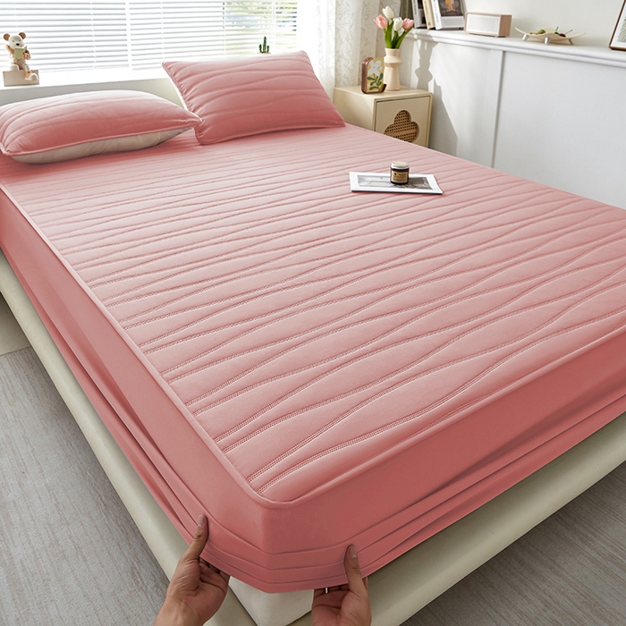 91家纺网 家纺一手货源 找家纺 盛眠家纺 2025新款A类水洗棉磨毛夹棉防水床笠 若水-粉红