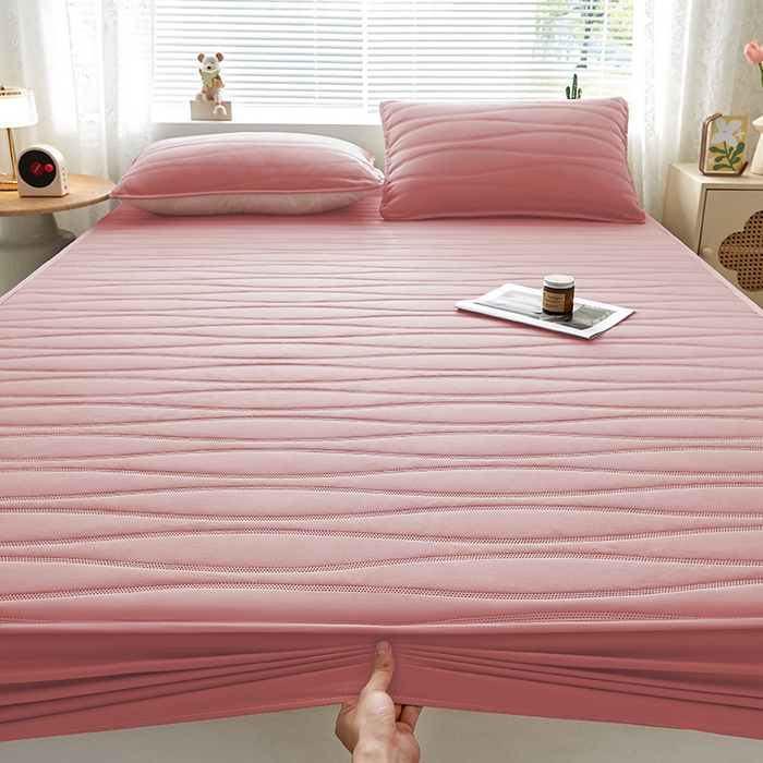 91家纺网 家纺一手货源 找家纺 盛眠家纺 2025新款A类水洗棉磨毛夹棉防水床笠 若水-粉红