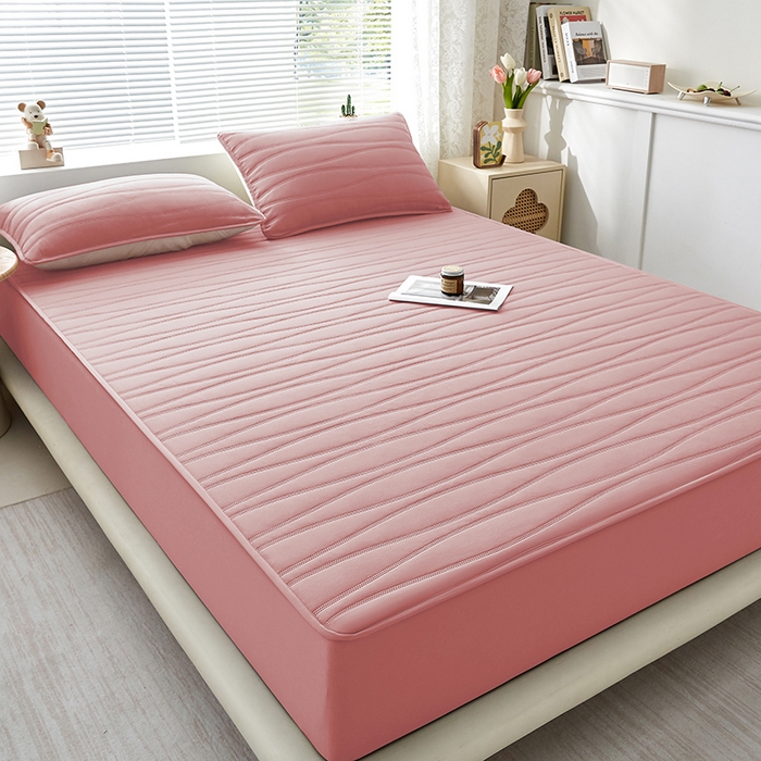 91家纺网 家纺一手货源 找家纺 盛眠家纺 2025新款A类水洗棉磨毛夹棉防水床笠 若水-粉红