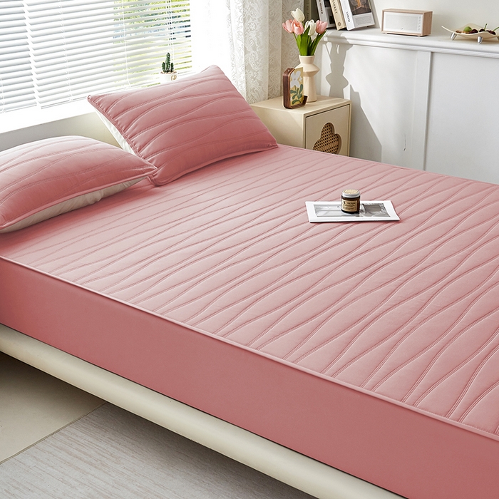 91家纺网 家纺一手货源 找家纺 盛眠家纺 2025新款A类水洗棉磨毛夹棉防水床笠 若水-粉红