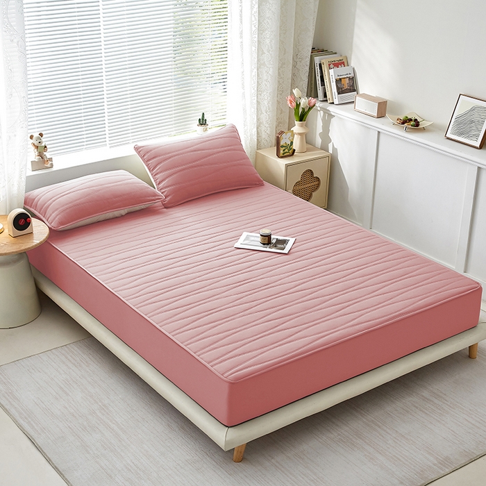 91家纺网 家纺一手货源 找家纺 盛眠家纺 2025新款A类水洗棉磨毛夹棉防水床笠 若水-粉红