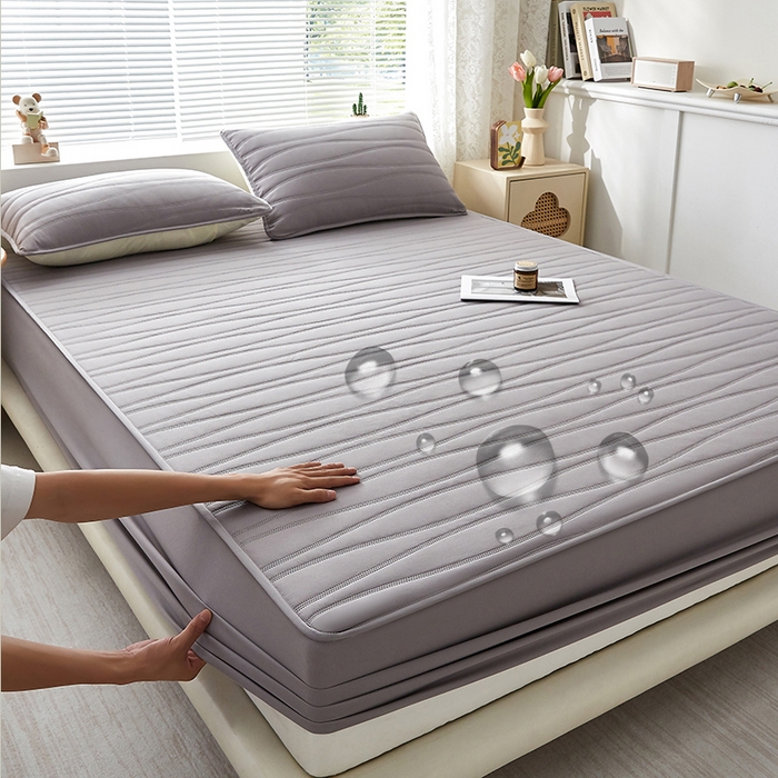 盛眠家纺 2025新款A类水洗棉磨毛夹棉防水床笠 若水-灰色