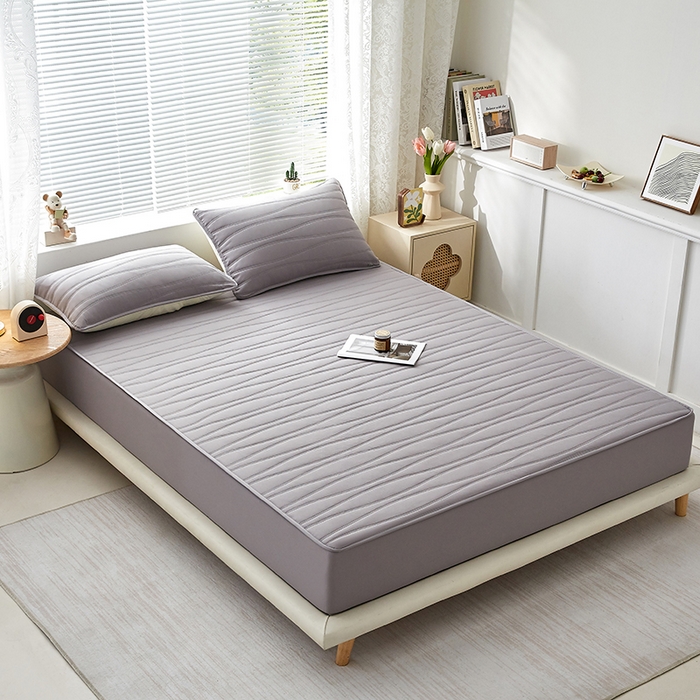 91家纺网 家纺一手货源 找家纺 盛眠家纺 2025新款A类水洗棉磨毛夹棉防水床笠 若水-灰色