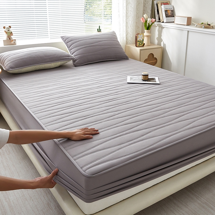 91家纺网 家纺一手货源 找家纺 盛眠家纺 2025新款A类水洗棉磨毛夹棉防水床笠 若水-灰色