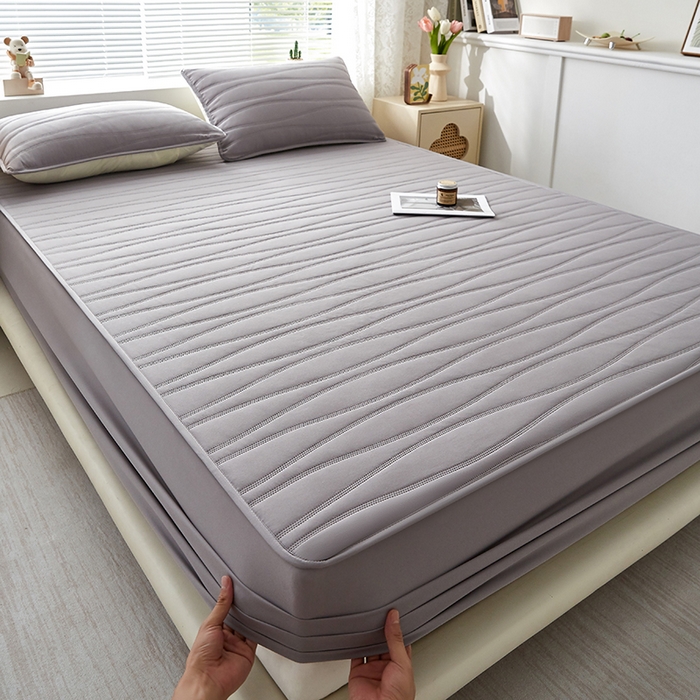 91家纺网 家纺一手货源 找家纺 盛眠家纺 2025新款A类水洗棉磨毛夹棉防水床笠 若水-灰色