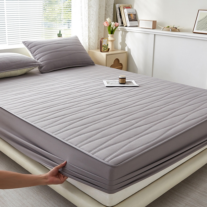 91家纺网 家纺一手货源 找家纺 盛眠家纺 2025新款A类水洗棉磨毛夹棉防水床笠 若水-灰色