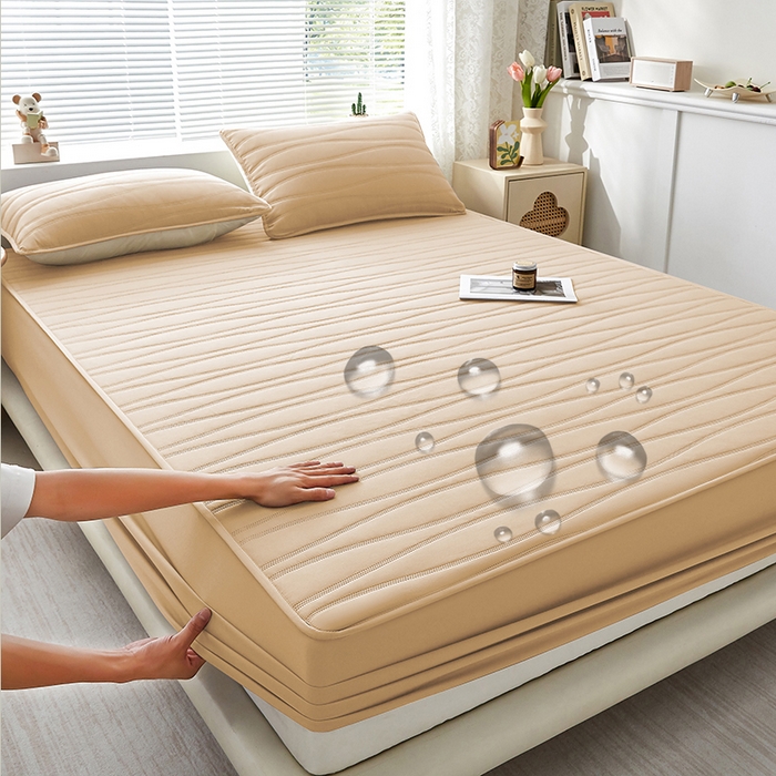 盛眠家纺 2025新款A类水洗棉磨毛夹棉防水床笠 若水-卡其