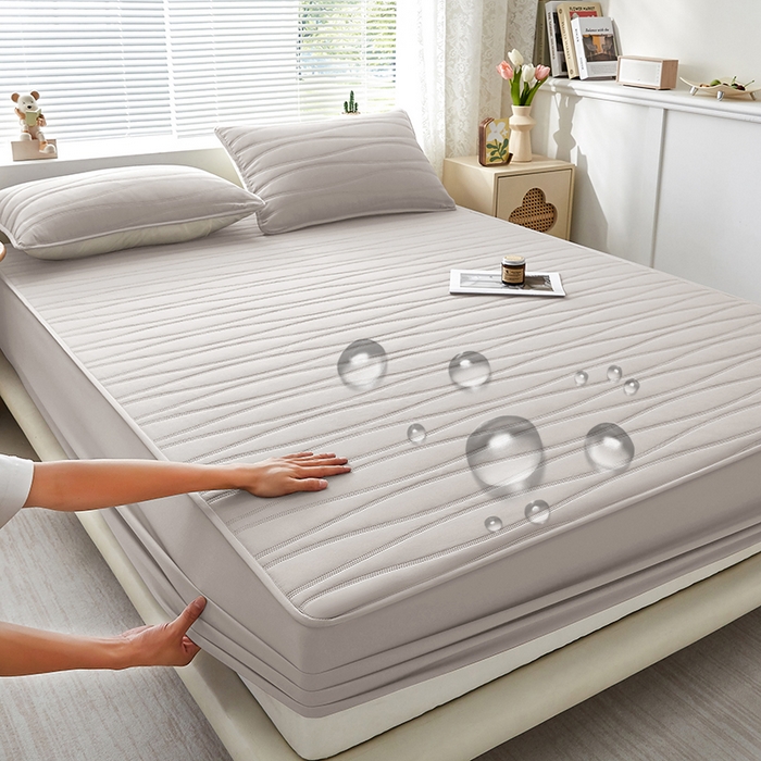 盛眠家纺 2025新款A类水洗棉磨毛夹棉防水床笠 若水-米灰