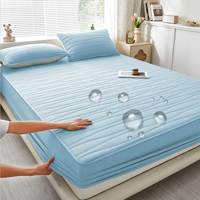 盛眠家纺 2025新款A类水洗棉磨毛夹棉防水床笠 若水-浅蓝