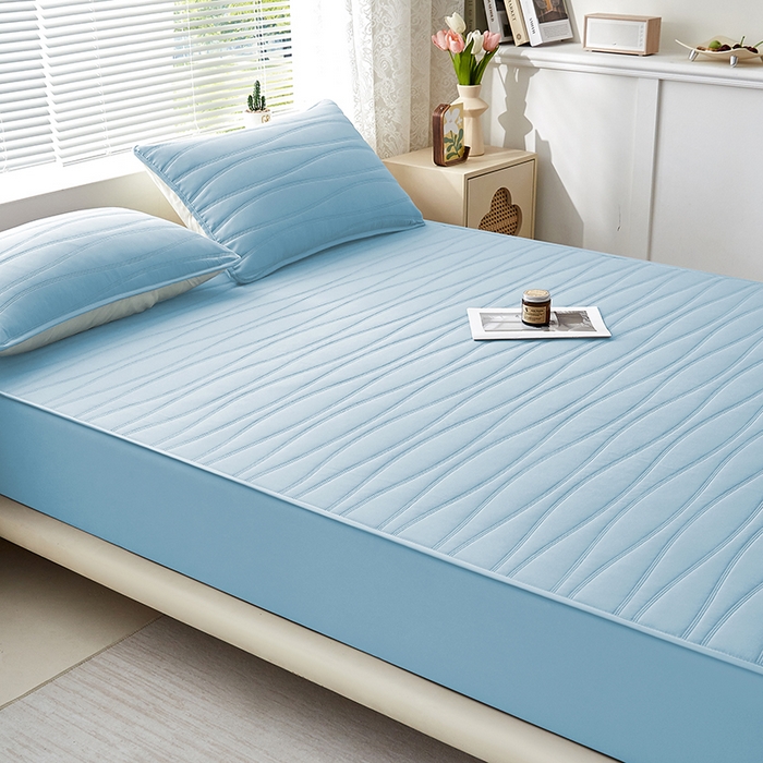 91家纺网 家纺一手货源 找家纺 盛眠家纺 2025新款A类水洗棉磨毛夹棉防水床笠 若水-浅蓝