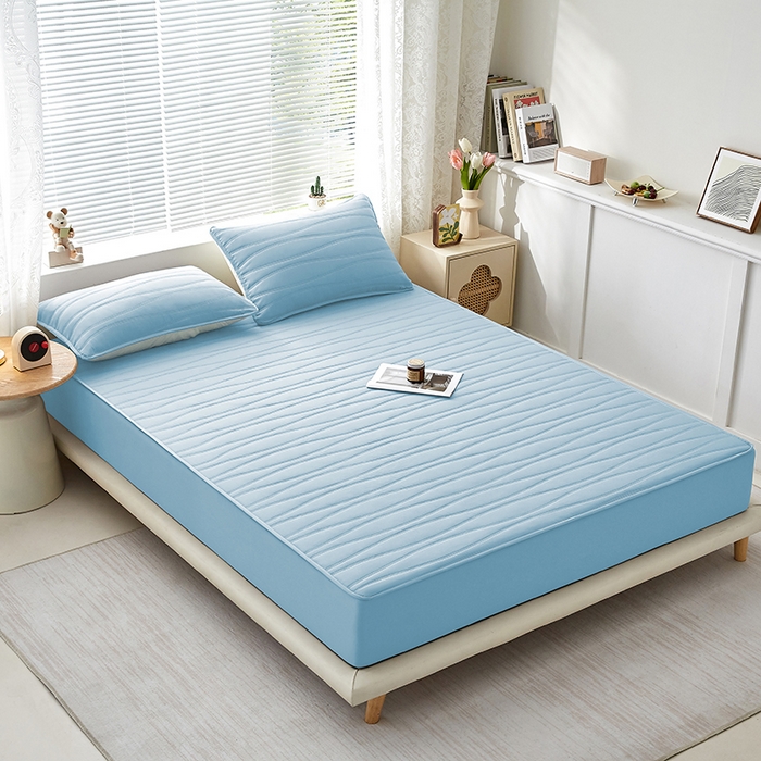 91家纺网 家纺一手货源 找家纺 盛眠家纺 2025新款A类水洗棉磨毛夹棉防水床笠 若水-浅蓝