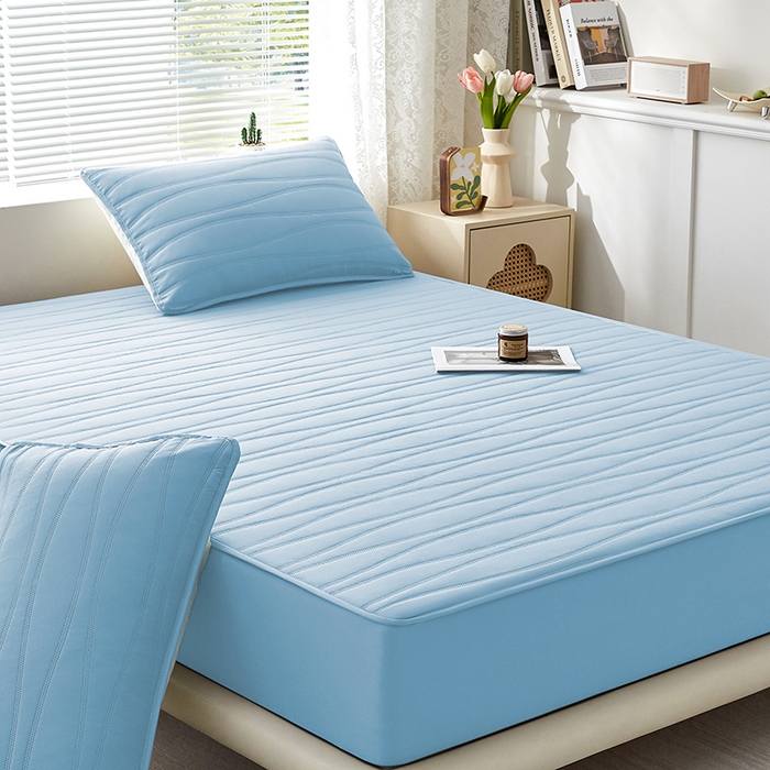 91家纺网 家纺一手货源 找家纺 盛眠家纺 2025新款A类水洗棉磨毛夹棉防水床笠 若水-浅蓝