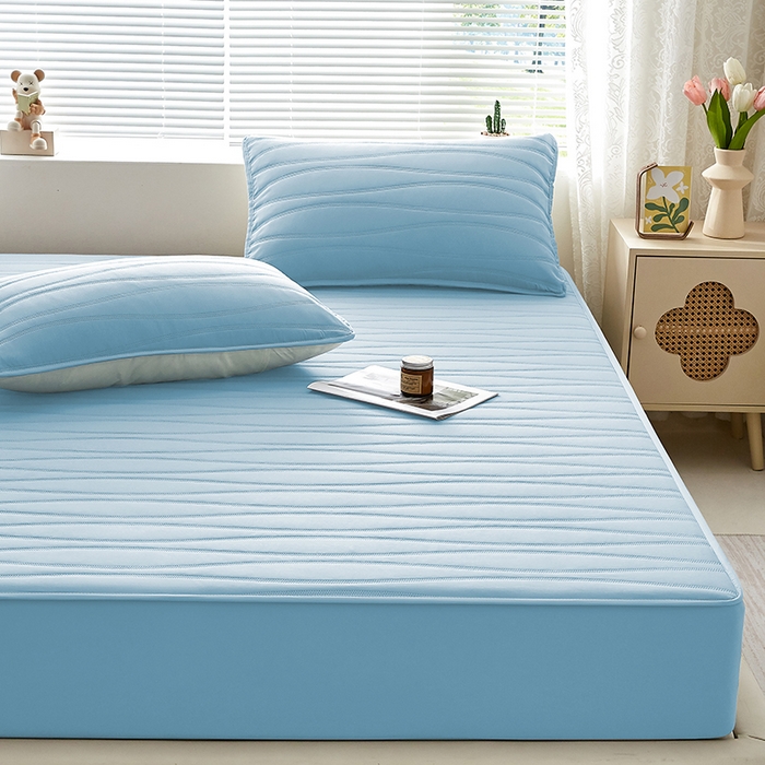 91家纺网 家纺一手货源 找家纺 盛眠家纺 2025新款A类水洗棉磨毛夹棉防水床笠 若水-浅蓝