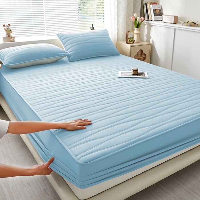 91家纺网 家纺一手货源 找家纺 盛眠家纺 2025新款A类水洗棉磨毛夹棉防水床笠 若水-浅蓝