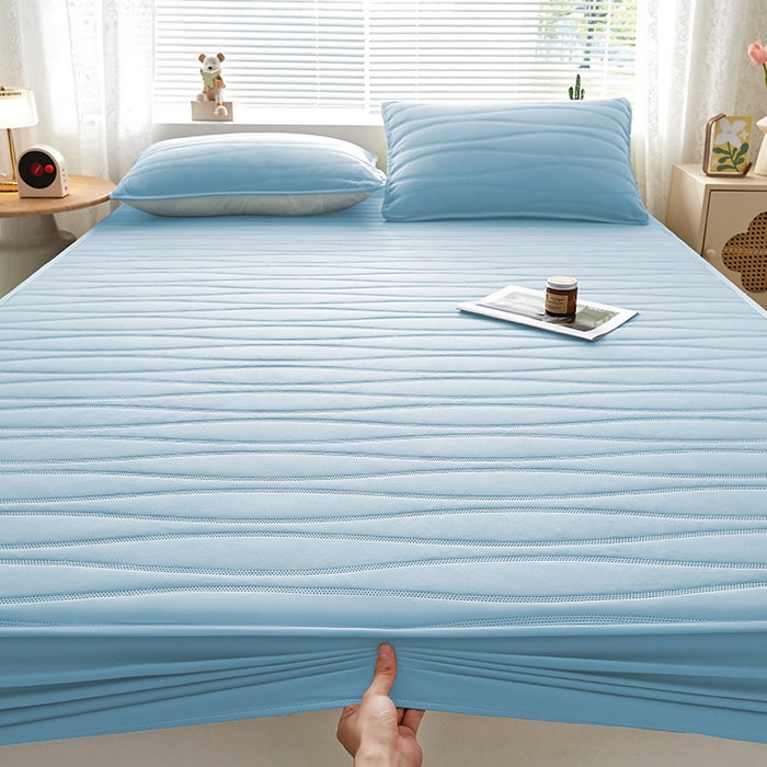 91家纺网 家纺一手货源 找家纺 盛眠家纺 2025新款A类水洗棉磨毛夹棉防水床笠 若水-浅蓝