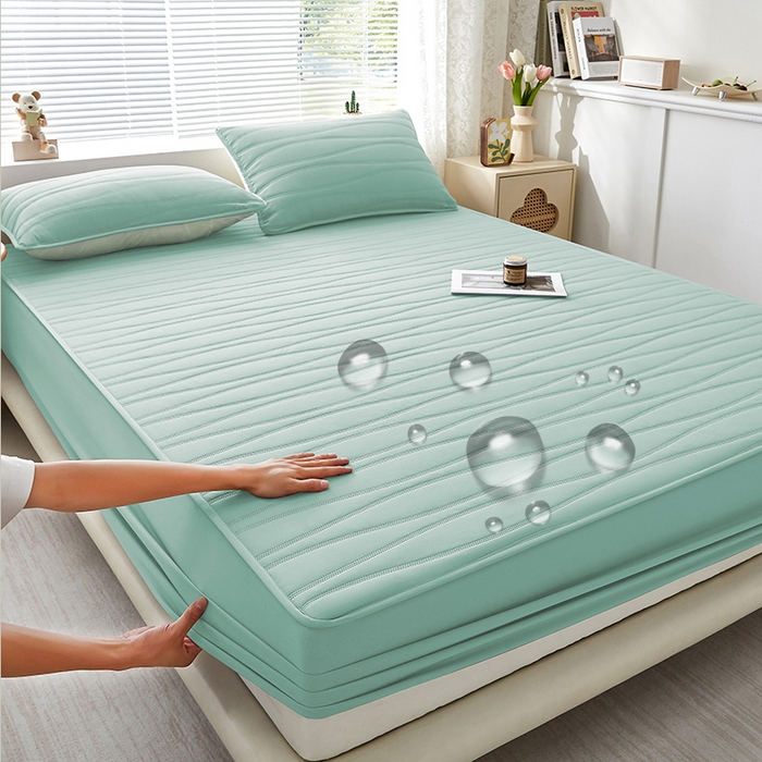 盛眠家纺 2025新款A类水洗棉磨毛夹棉防水床笠 若水-浅绿