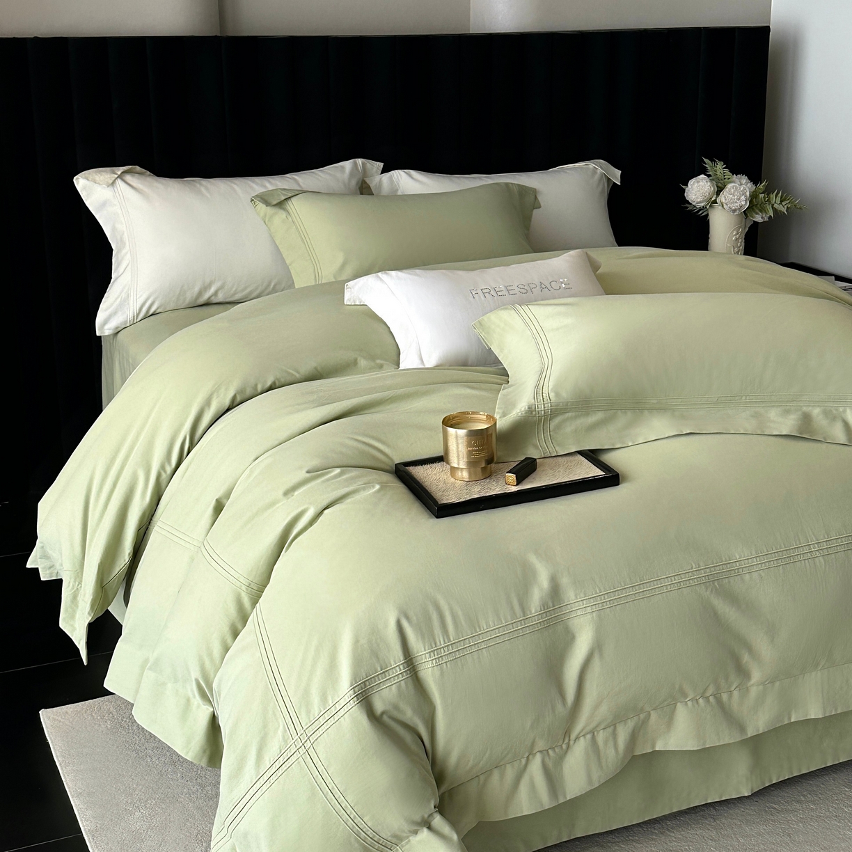 91家纺网 家纺一手货源 找家纺 时亿家居 2025秋冬新款简约100支长绒棉全棉纯棉磨毛四件套-波士顿 波士顿-果绿