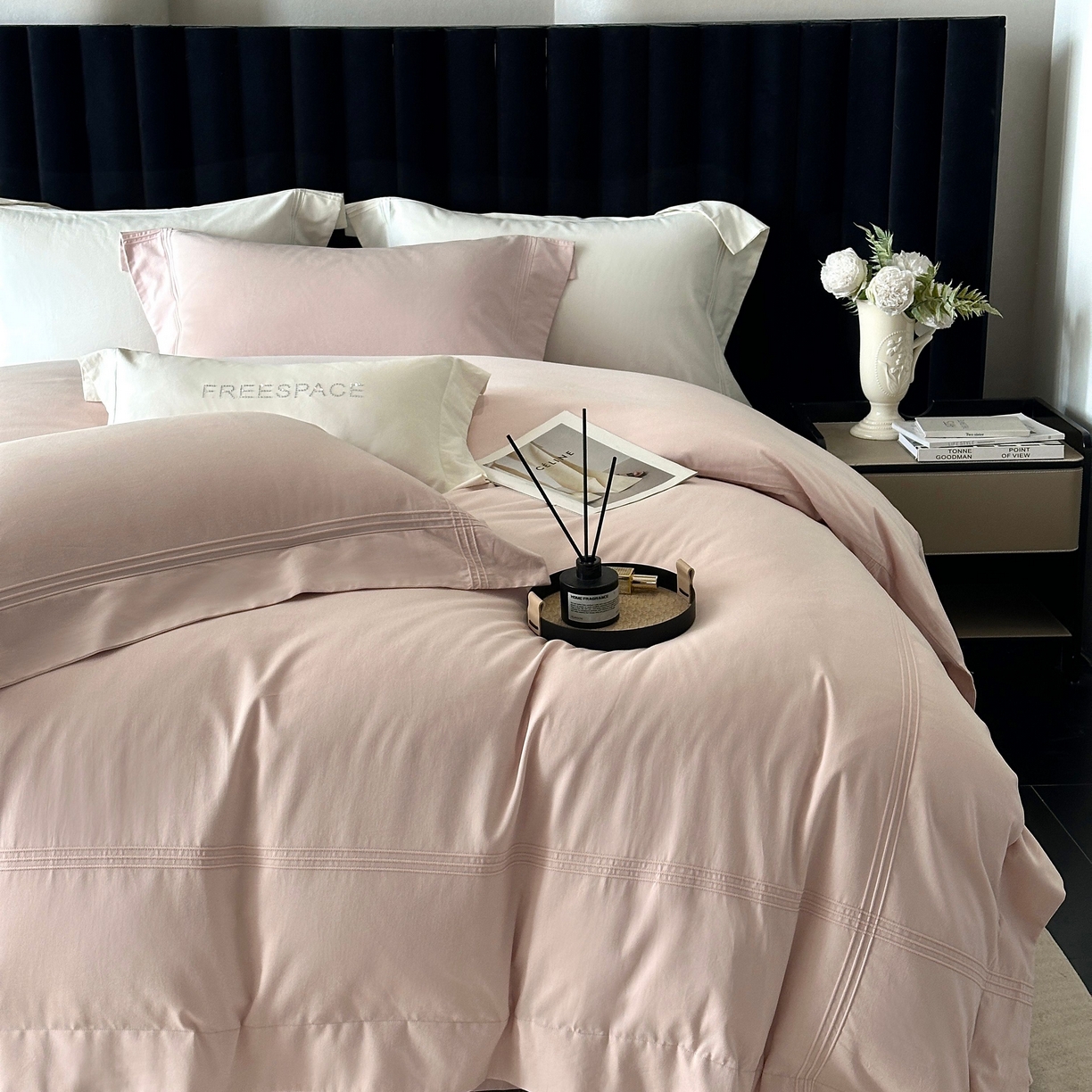 91家纺网 家纺一手货源 找家纺 时亿家居 2025秋冬新款简约100支长绒棉全棉纯棉磨毛四件套-波士顿 波士顿-雾粉