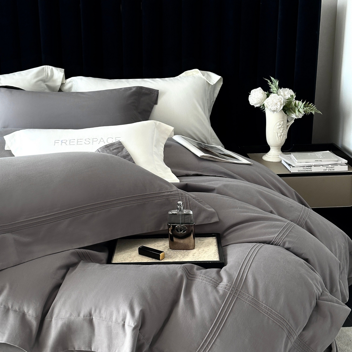 91家纺网 家纺一手货源 找家纺 时亿家居 2025秋冬新款简约100支长绒棉全棉纯棉磨毛四件套-波士顿 波士顿-深灰