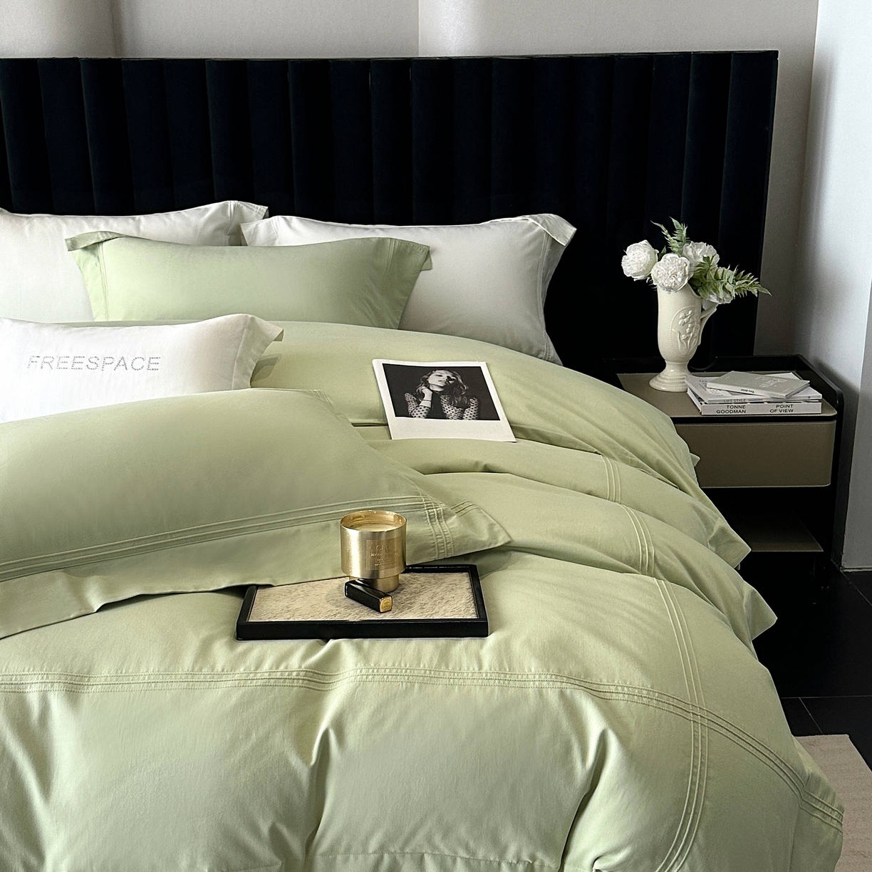 91家纺网 家纺一手货源 找家纺 时亿家居 2025秋冬新款简约100支长绒棉全棉纯棉磨毛四件套-波士顿 波士顿-果绿