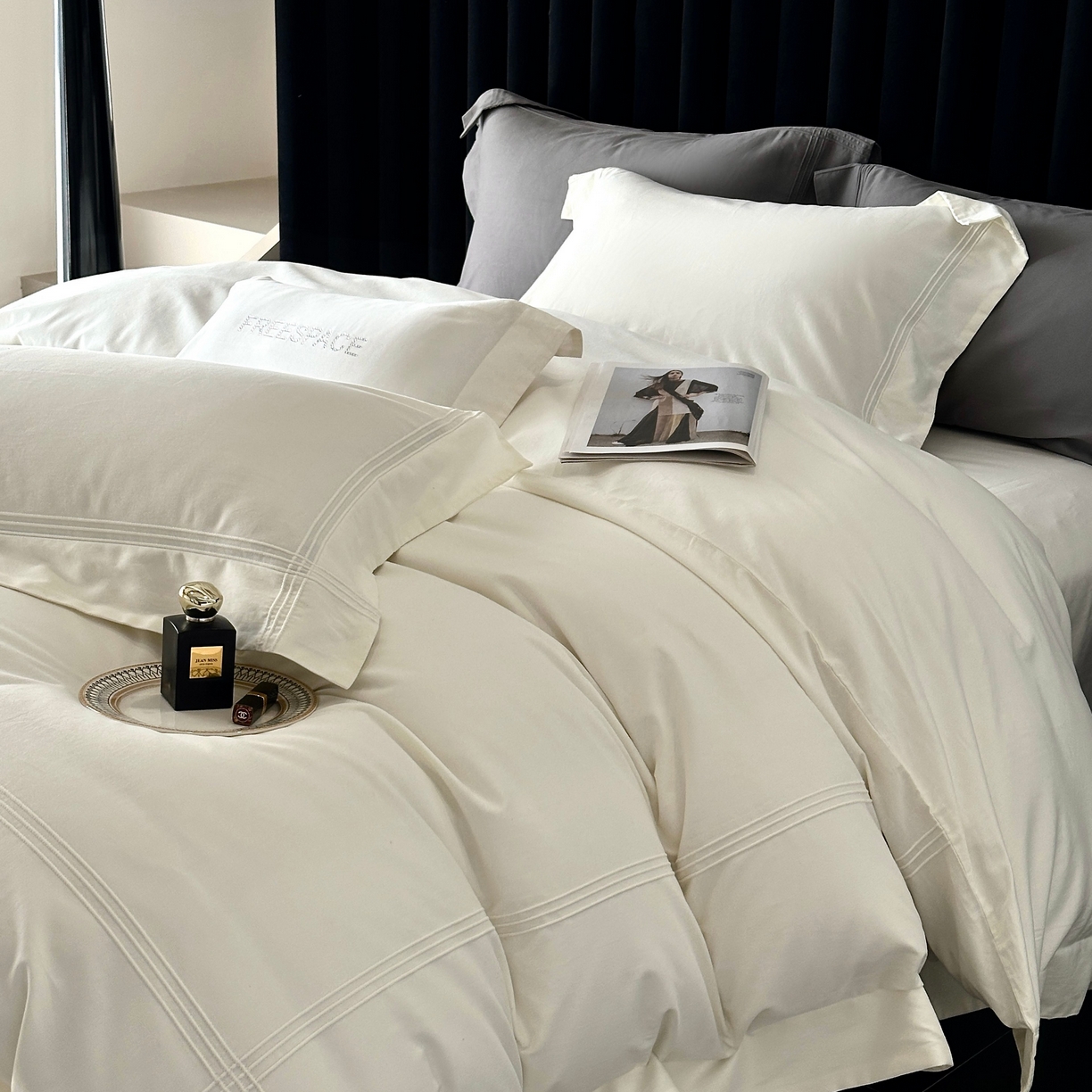 91家纺网 家纺一手货源 找家纺 时亿家居 2025秋冬新款简约100支长绒棉全棉纯棉磨毛四件套-波士顿 波士顿-奶白