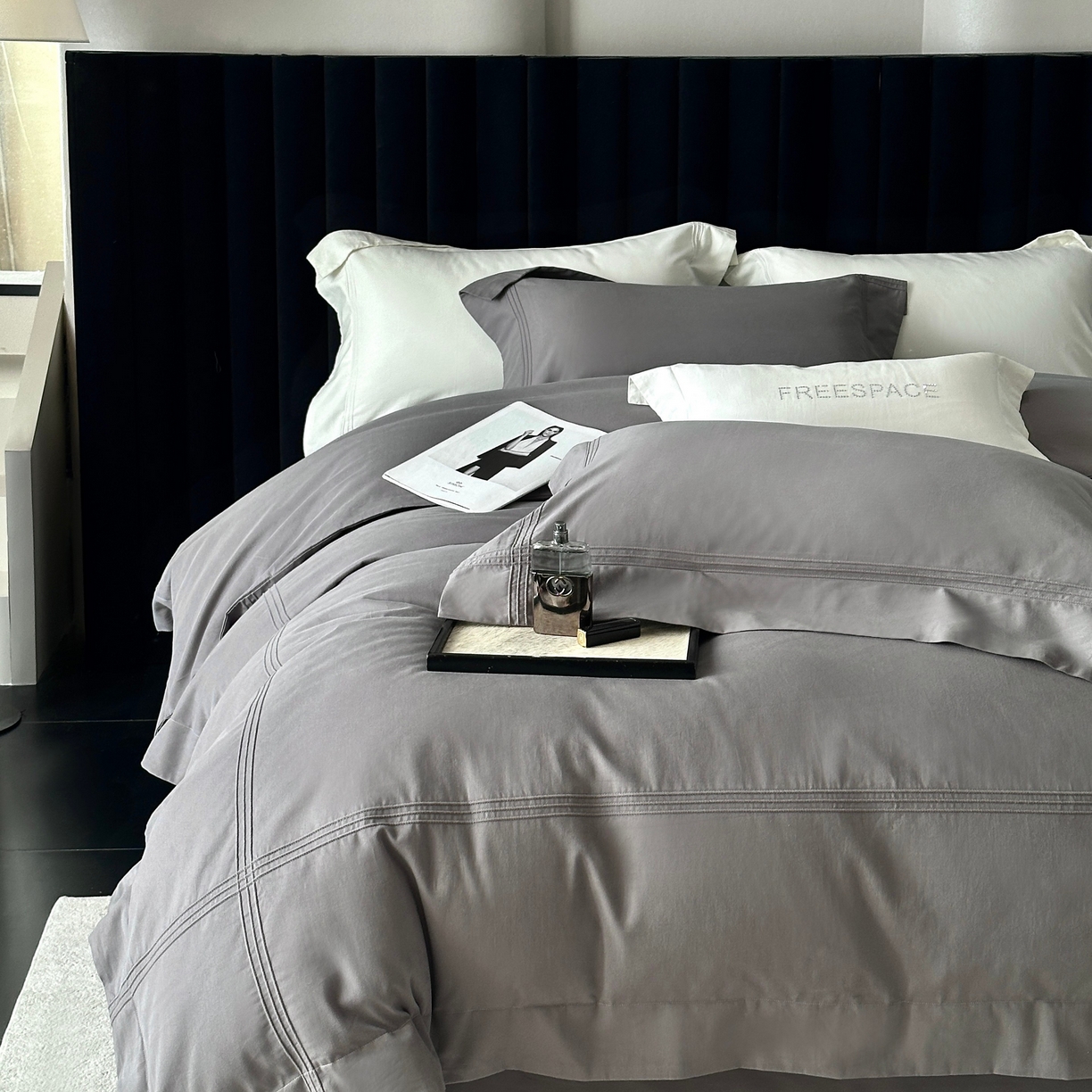 91家纺网 家纺一手货源 找家纺 时亿家居 2025秋冬新款简约100支长绒棉全棉纯棉磨毛四件套-波士顿 波士顿-深灰