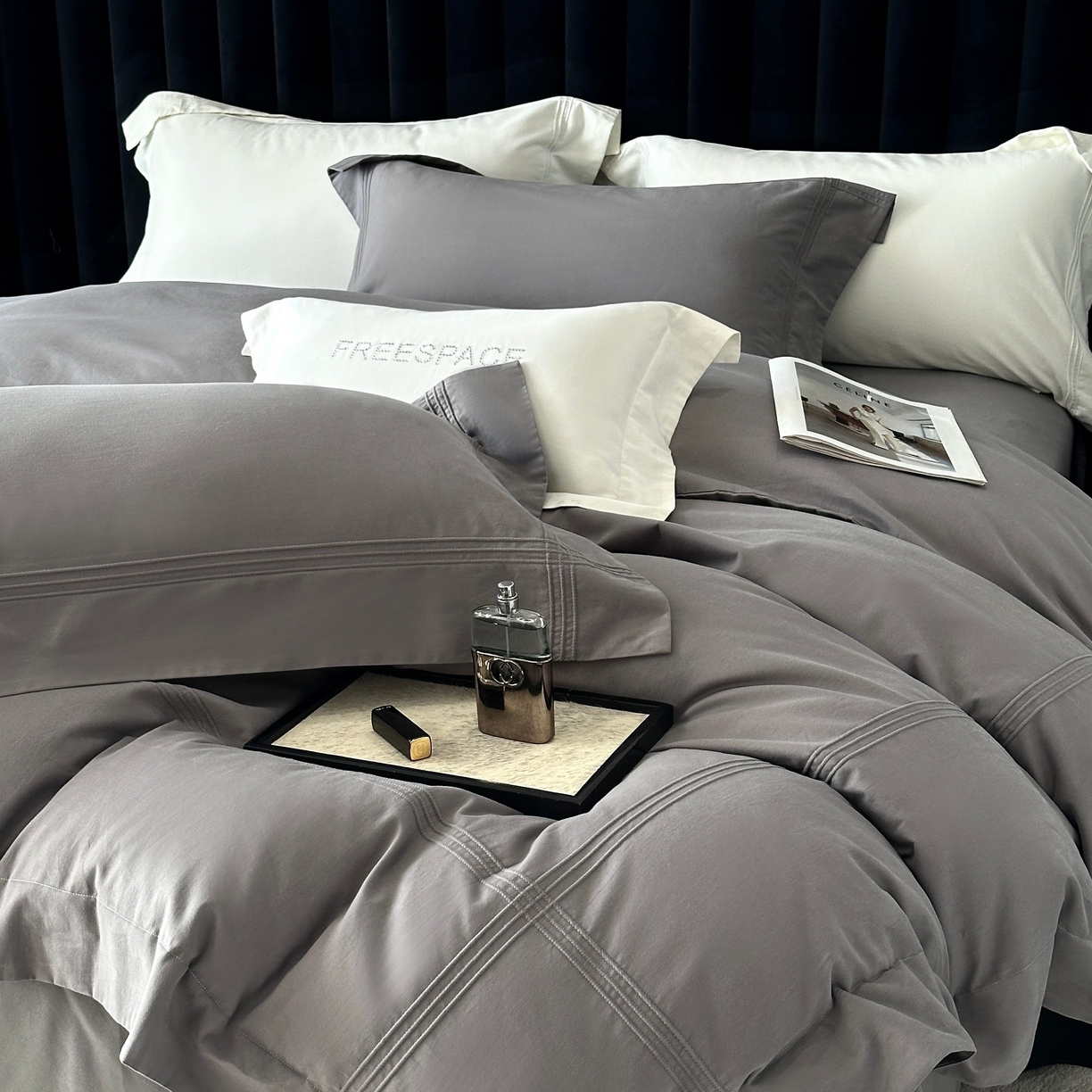 91家纺网 家纺一手货源 找家纺 时亿家居 2025秋冬新款简约100支长绒棉全棉纯棉磨毛四件套-波士顿 波士顿-深灰