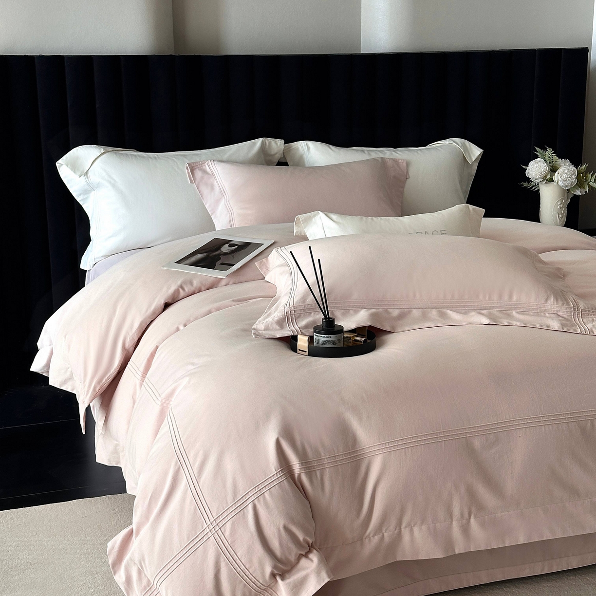 91家纺网 家纺一手货源 找家纺 时亿家居 2025秋冬新款简约100支长绒棉全棉纯棉磨毛四件套-波士顿 波士顿-雾粉