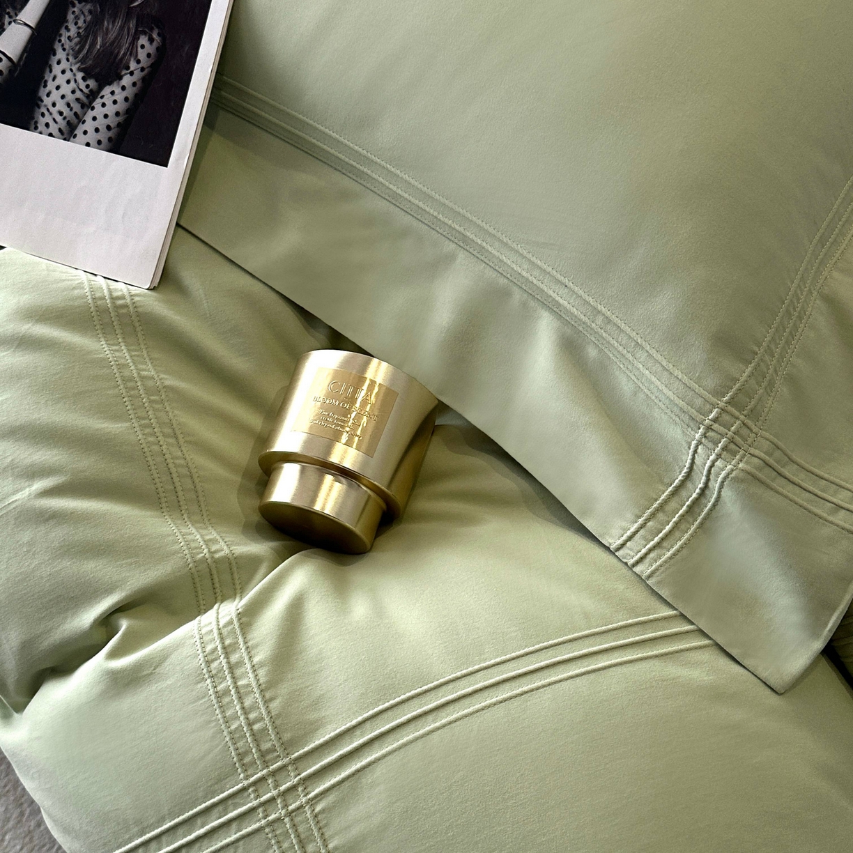 91家纺网 家纺一手货源 找家纺 时亿家居 2025秋冬新款简约100支长绒棉全棉纯棉磨毛四件套-波士顿 波士顿-果绿