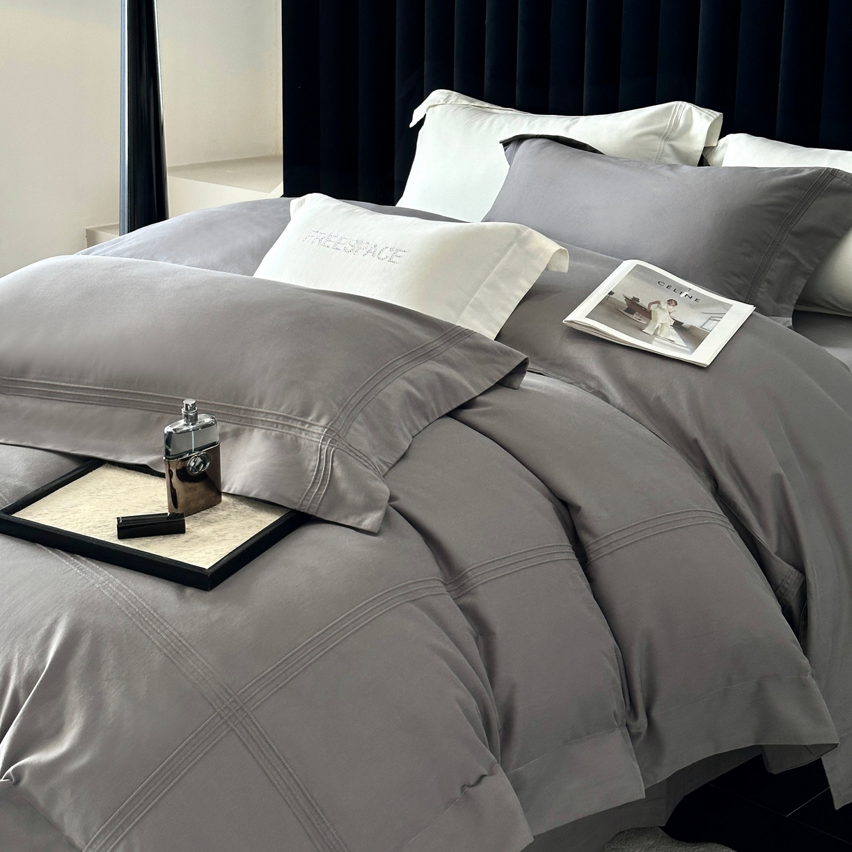 91家纺网 家纺一手货源 找家纺 时亿家居 2025秋冬新款简约100支长绒棉全棉纯棉磨毛四件套-波士顿 波士顿-深灰