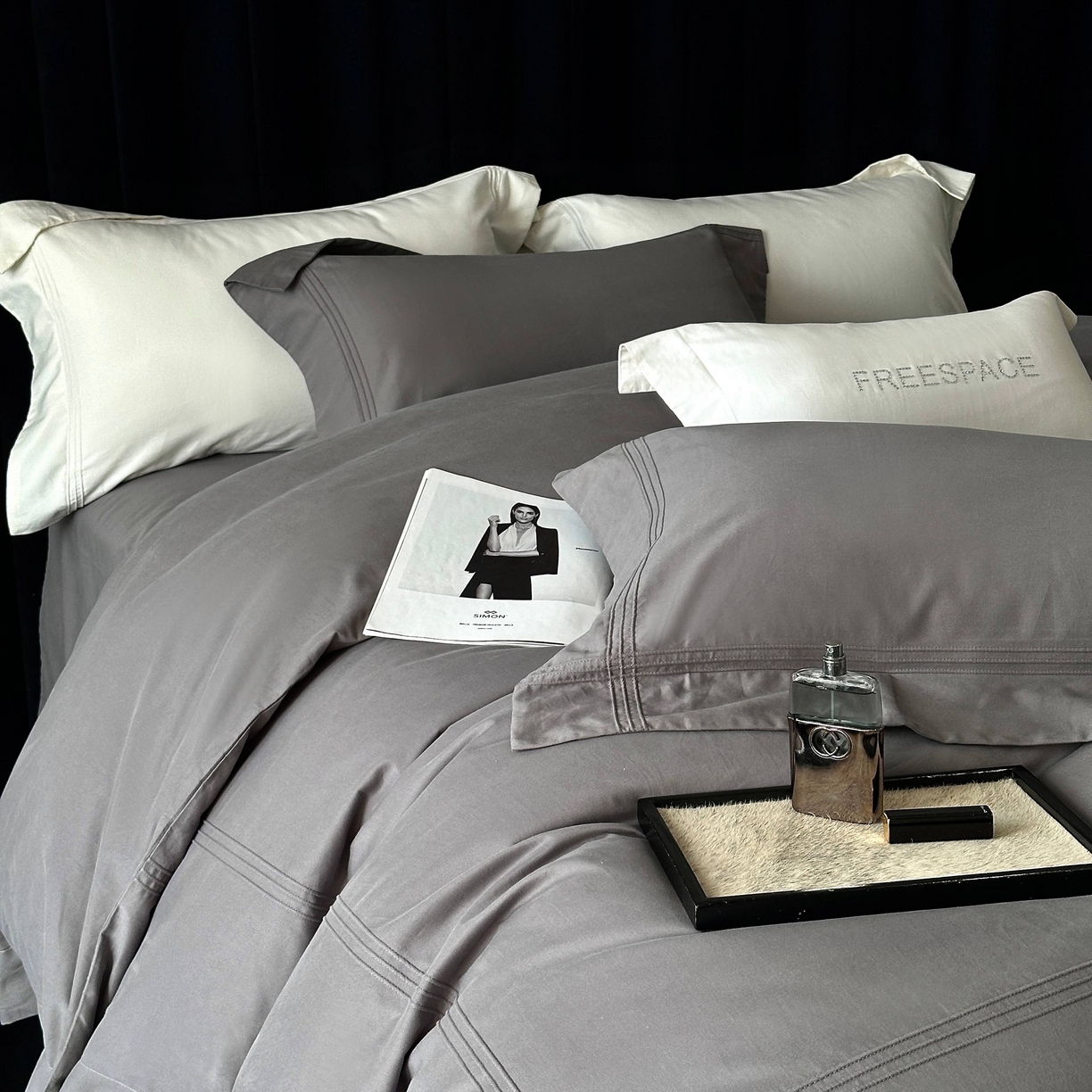 91家纺网 家纺一手货源 找家纺 时亿家居 2025秋冬新款简约100支长绒棉全棉纯棉磨毛四件套-波士顿 波士顿-深灰