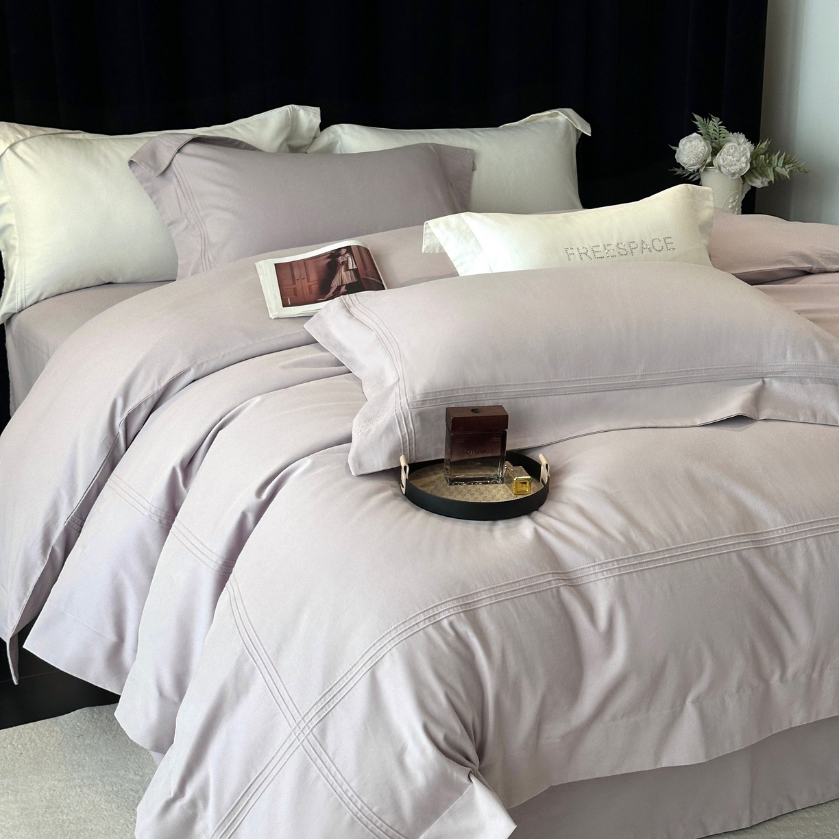 91家纺网 家纺一手货源 找家纺 时亿家居 2025秋冬新款简约100支长绒棉全棉纯棉磨毛四件套-波士顿 波士顿-月半紫