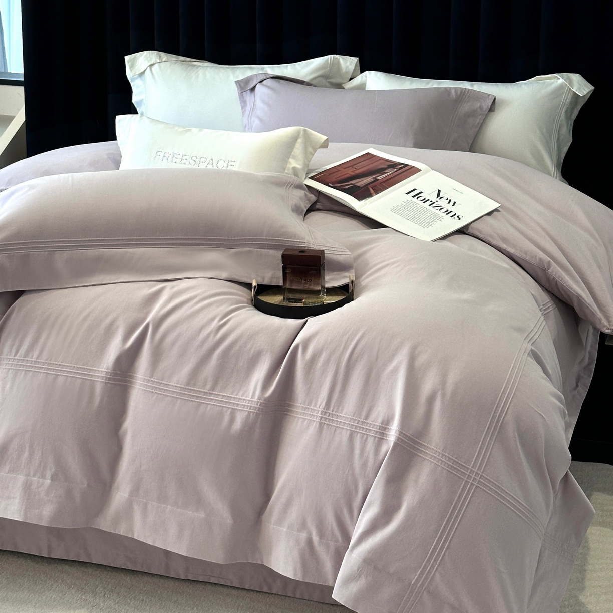 时亿家居 2025秋冬新款简约100支长绒棉全棉纯棉磨毛四件套-波士顿 波士顿-月半紫