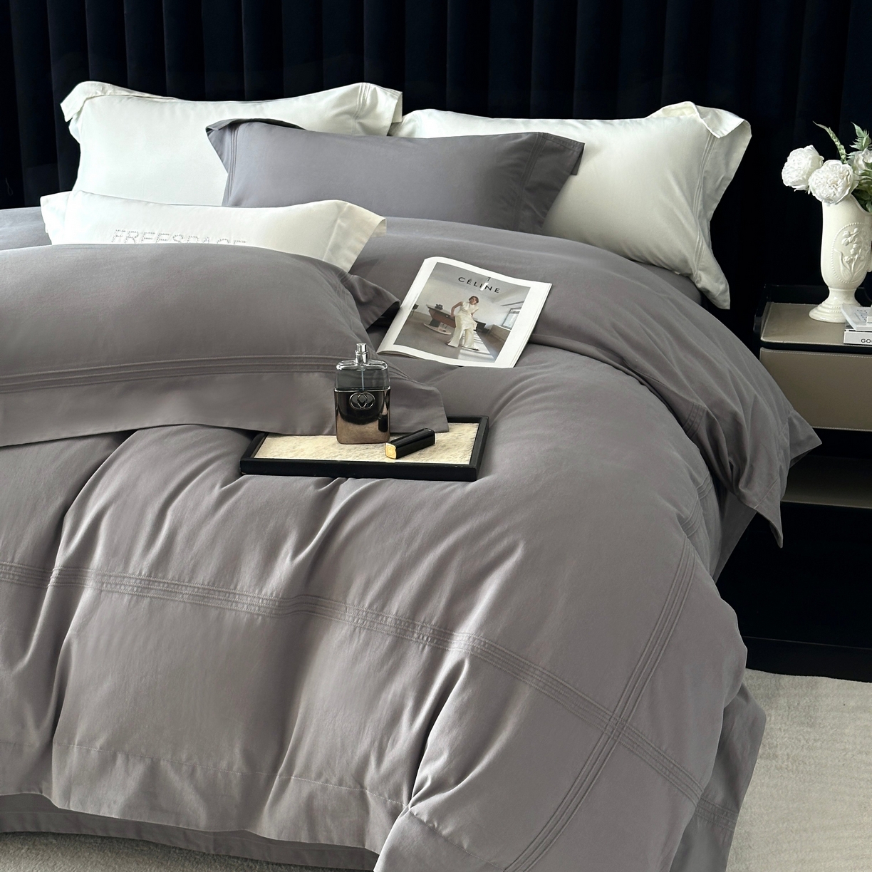 时亿家居 2025秋冬新款简约100支长绒棉全棉纯棉磨毛四件套-波士顿 波士顿-深灰