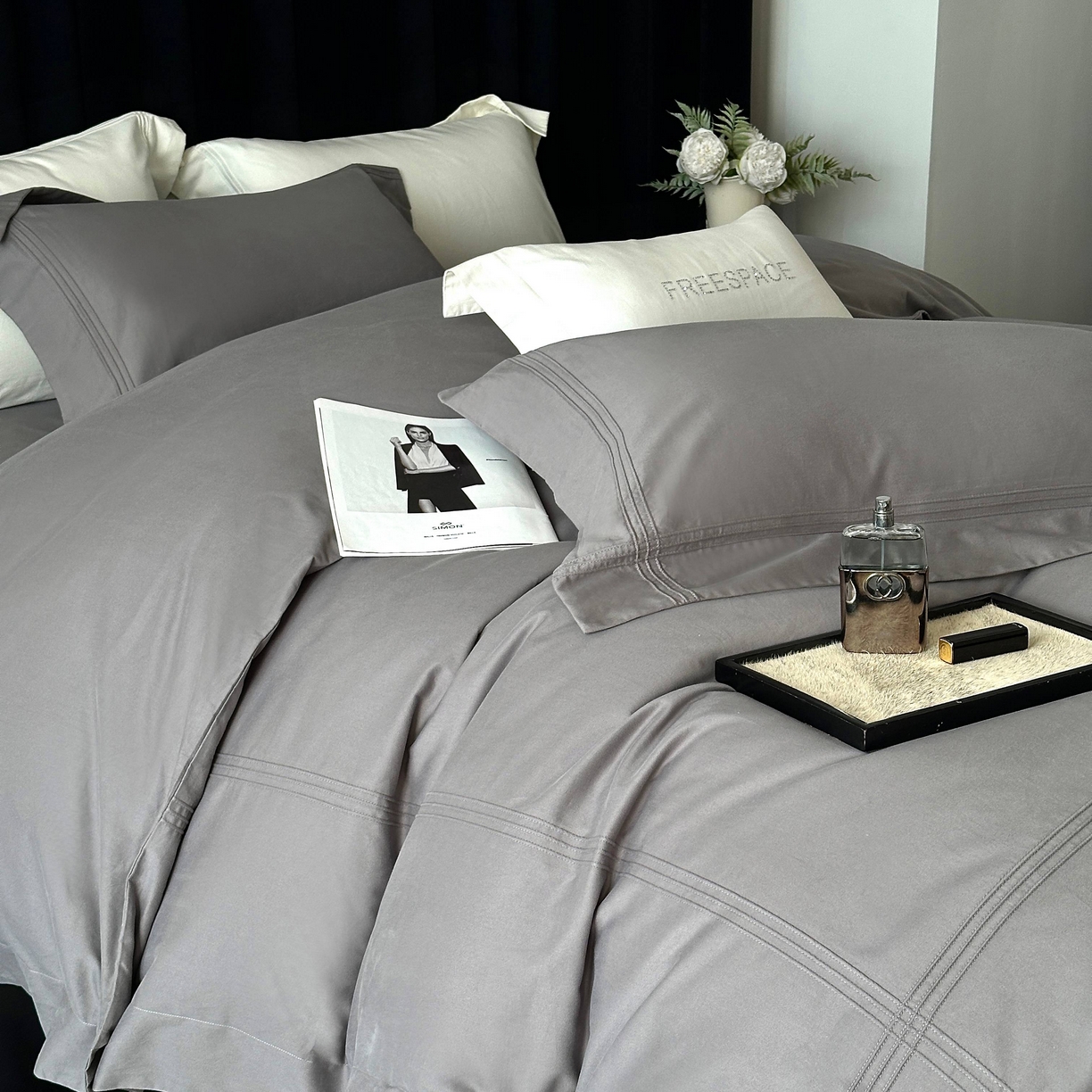 91家纺网 家纺一手货源 找家纺 时亿家居 2025秋冬新款简约100支长绒棉全棉纯棉磨毛四件套-波士顿 波士顿-深灰