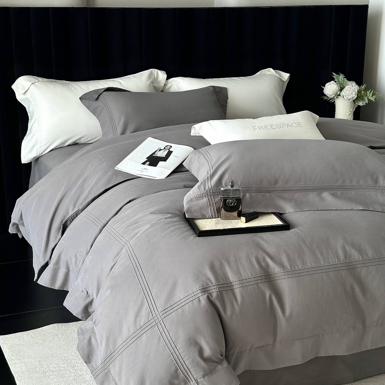 91家纺网 家纺一手货源 找家纺 时亿家居 2025秋冬新款简约100支长绒棉全棉纯棉磨毛四件套-波士顿 波士顿-深灰