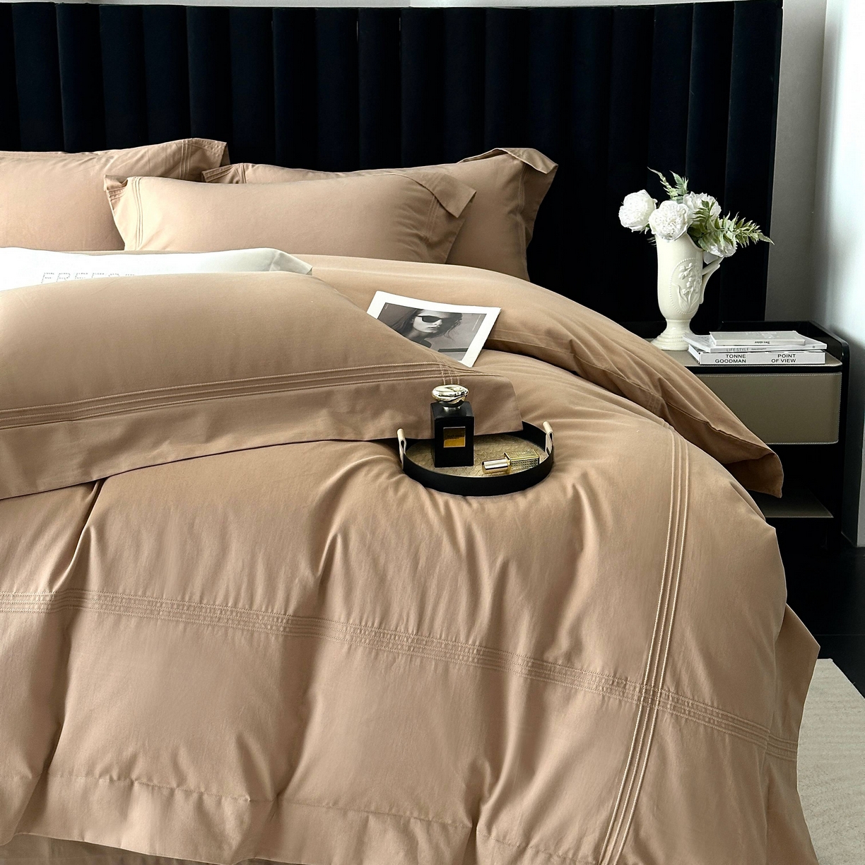 91家纺网 家纺一手货源 找家纺 时亿家居 2025秋冬新款简约100支长绒棉全棉纯棉磨毛四件套-波士顿 波士顿-咖色