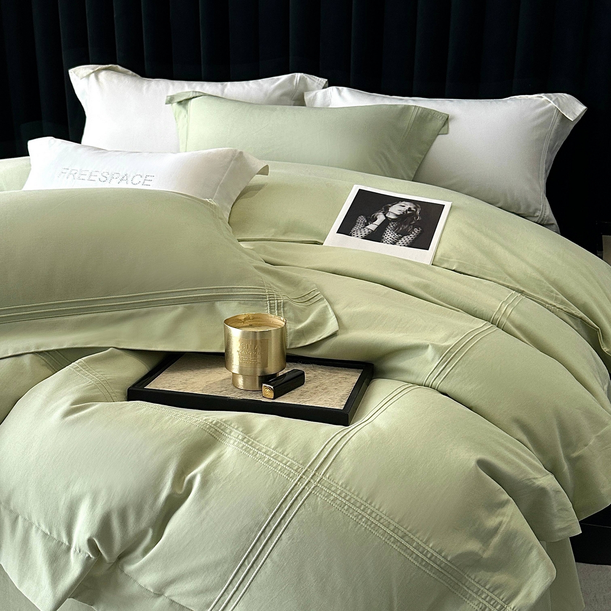 91家纺网 家纺一手货源 找家纺 时亿家居 2025秋冬新款简约100支长绒棉全棉纯棉磨毛四件套-波士顿 波士顿-果绿