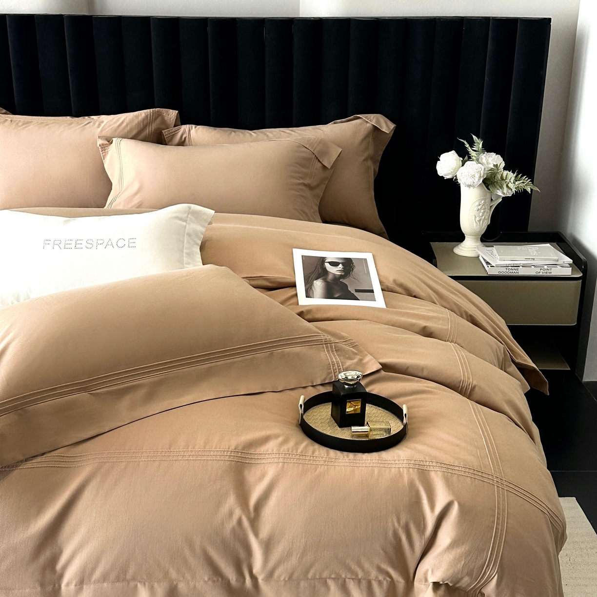 91家纺网 家纺一手货源 找家纺 时亿家居 2025秋冬新款简约100支长绒棉全棉纯棉磨毛四件套-波士顿 波士顿-咖色