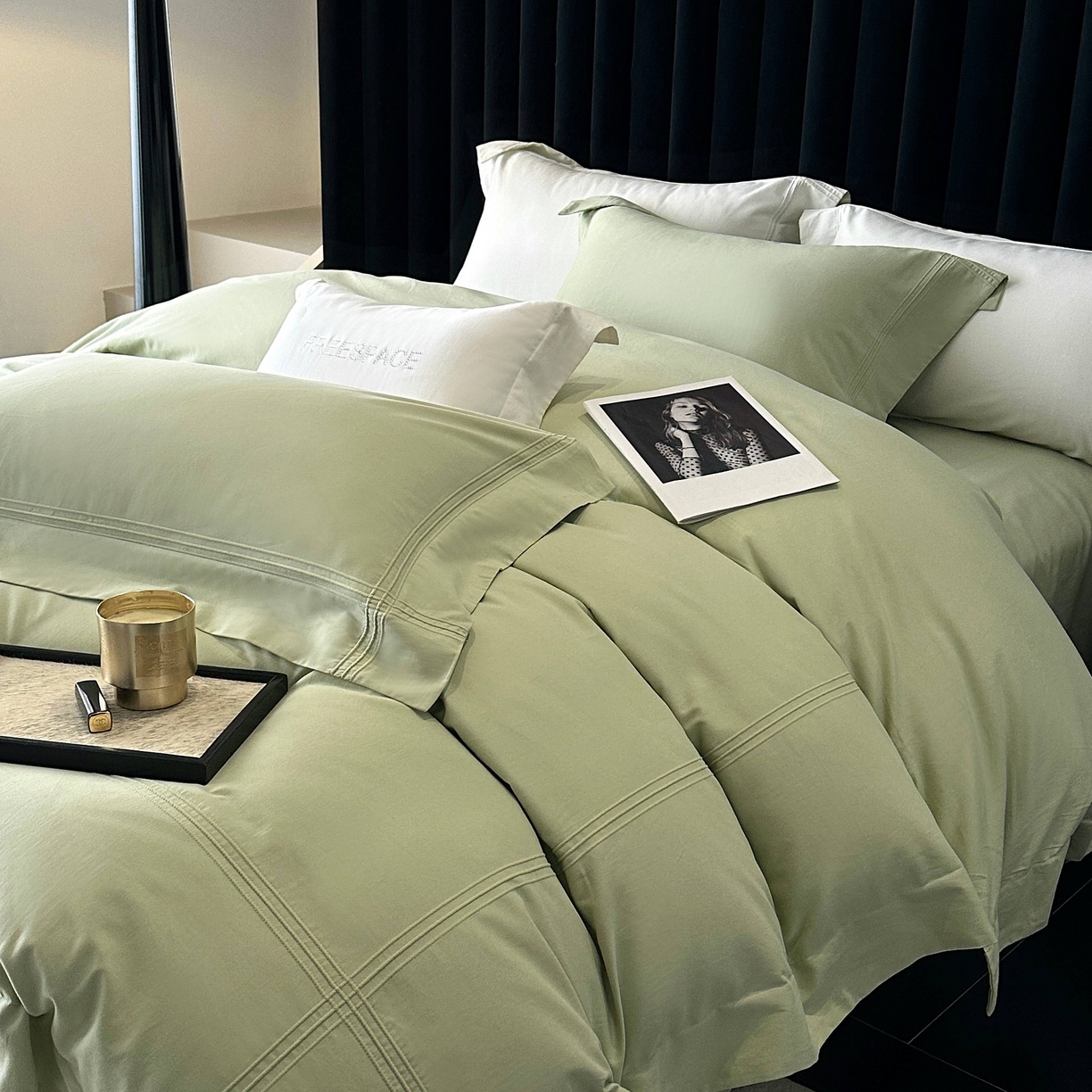 91家纺网 家纺一手货源 找家纺 时亿家居 2025秋冬新款简约100支长绒棉全棉纯棉磨毛四件套-波士顿 波士顿-果绿