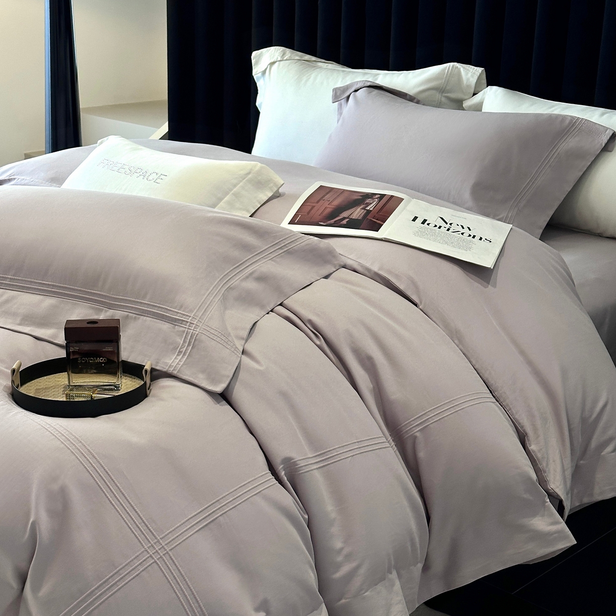 91家纺网 家纺一手货源 找家纺 时亿家居 2025秋冬新款简约100支长绒棉全棉纯棉磨毛四件套-波士顿 波士顿-月半紫