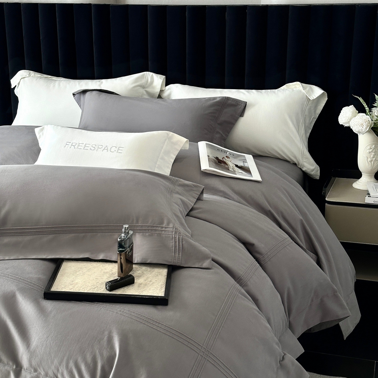91家纺网 家纺一手货源 找家纺 时亿家居 2025秋冬新款简约100支长绒棉全棉纯棉磨毛四件套-波士顿 波士顿-深灰