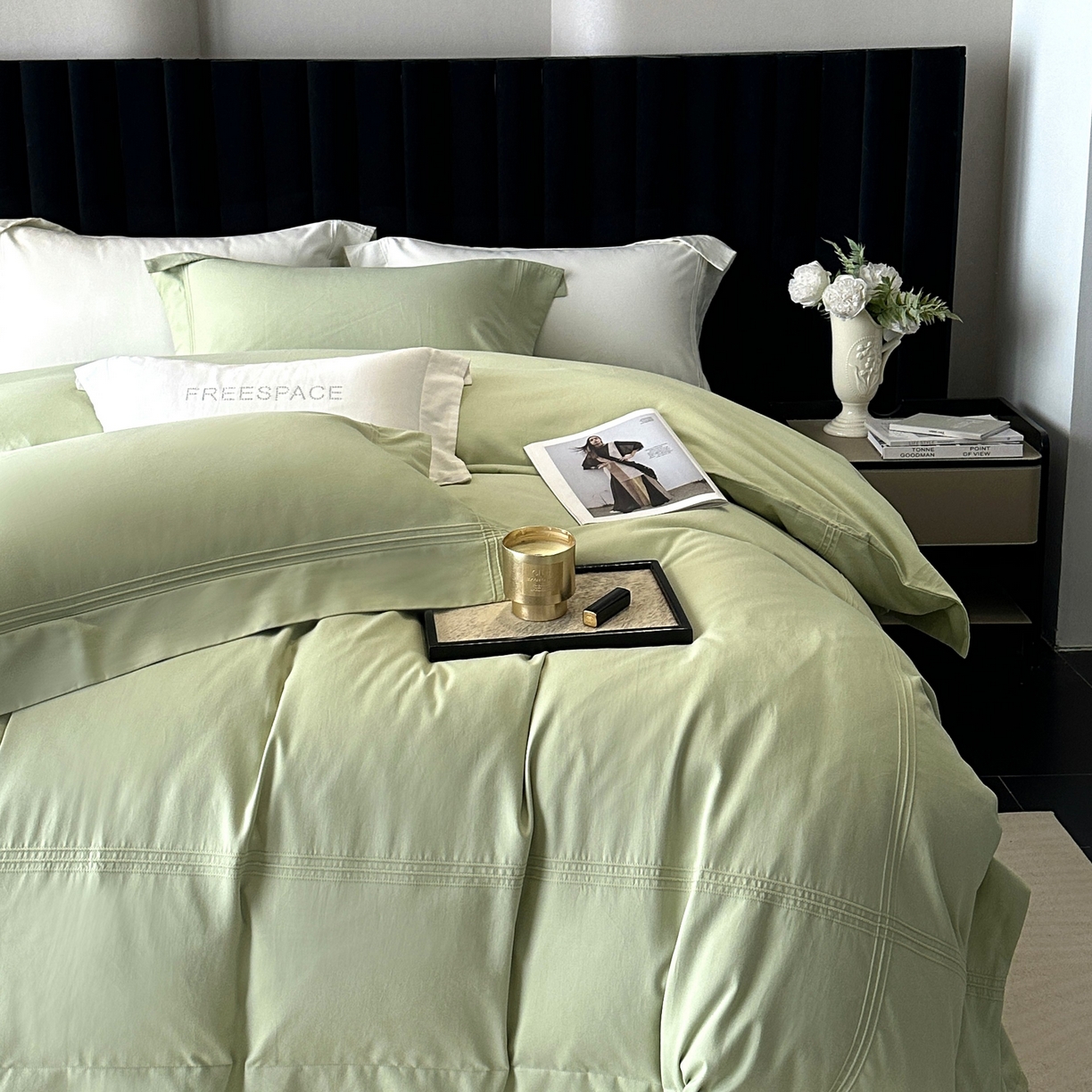 91家纺网 家纺一手货源 找家纺 时亿家居 2025秋冬新款简约100支长绒棉全棉纯棉磨毛四件套-波士顿 波士顿-果绿