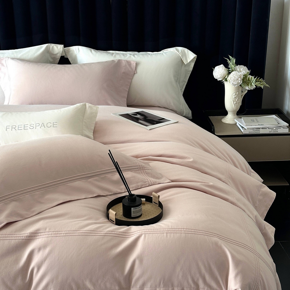 91家纺网 家纺一手货源 找家纺 时亿家居 2025秋冬新款简约100支长绒棉全棉纯棉磨毛四件套-波士顿 波士顿-雾粉