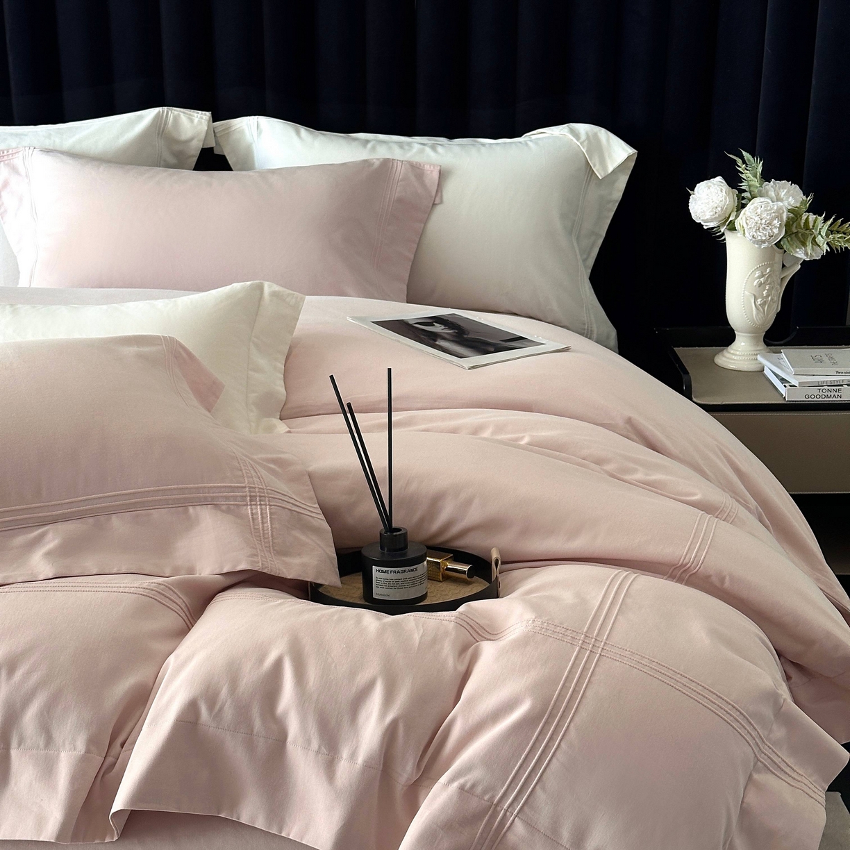 91家纺网 家纺一手货源 找家纺 时亿家居 2025秋冬新款简约100支长绒棉全棉纯棉磨毛四件套-波士顿 波士顿-雾粉