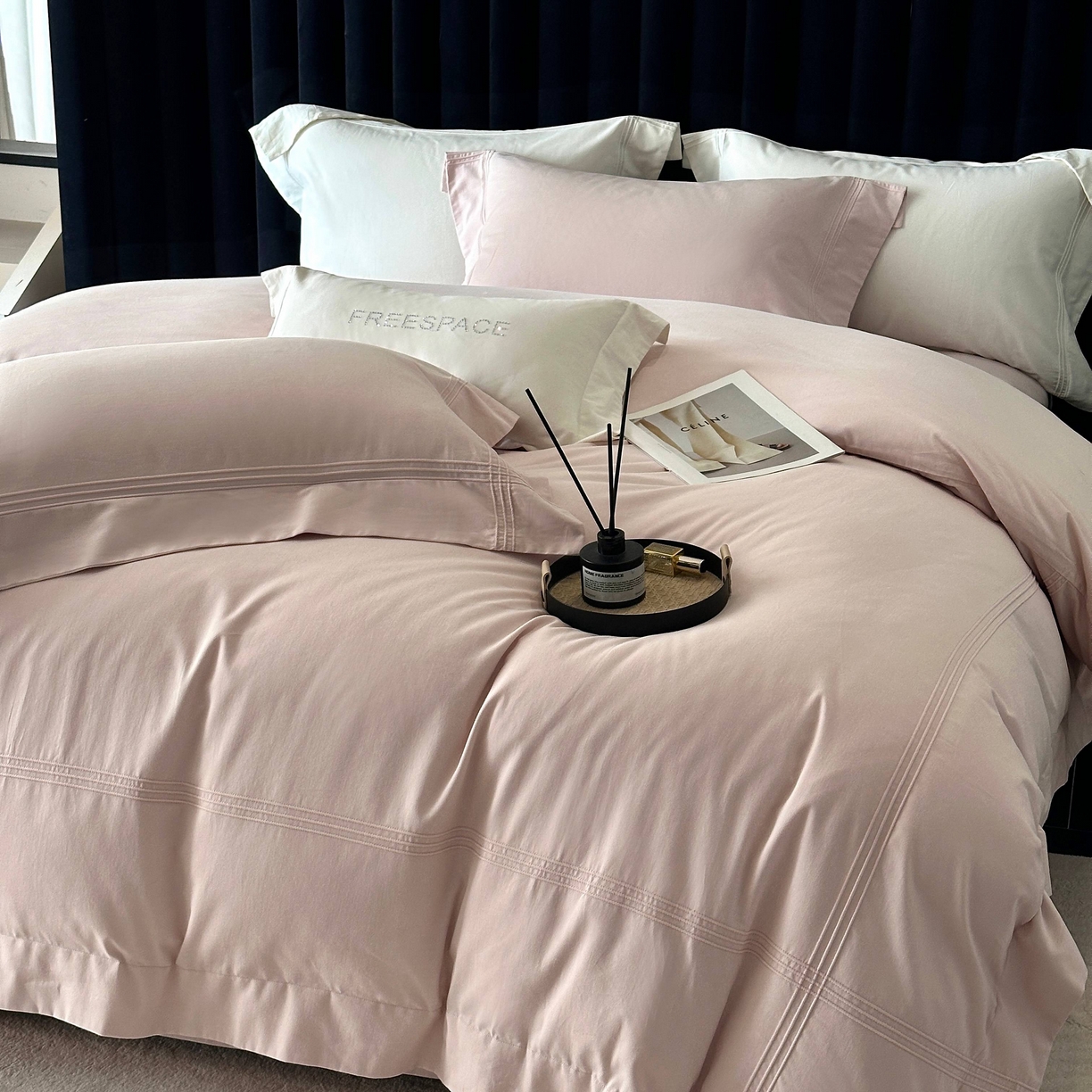 时亿家居 2025秋冬新款简约100支长绒棉全棉纯棉磨毛四件套-波士顿 波士顿-雾粉