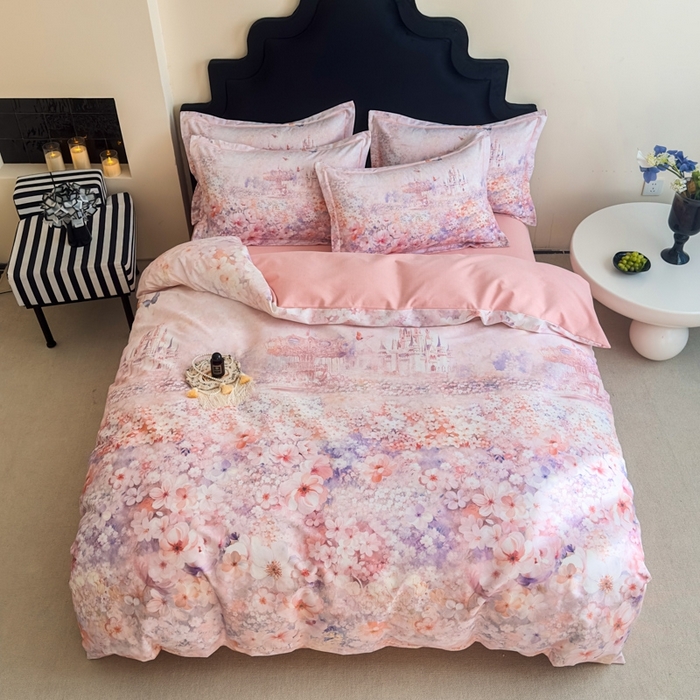 91家纺网 家纺一手货源 找家纺 喜四方 2025新款加厚全棉大版印花四件套 花园城堡-粉